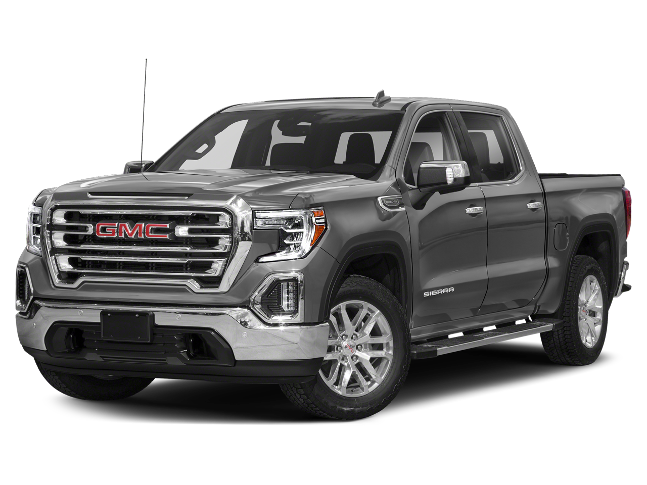 2019 GMC Sierra 1500 SLT in Satin Steel Metallic — front three-quarter view